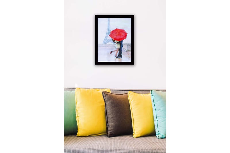 Kehystetty puinen canvas-taulu - 41x56 cm - Romanttinen suudelma punaisen sateenvarjon alla Pariisissa - Punainen / Beige / Sininen - Sisustustuotteet - Taulu & taide