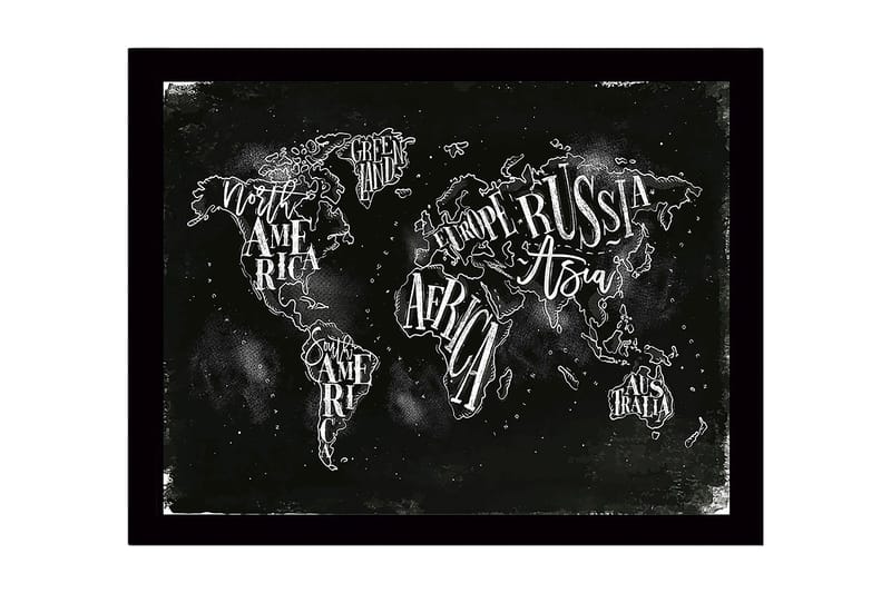 Kehystetty puutaulu canvasille - 41x56 cm - Maailmankartta käsinkirjoitetuilla mantereiden ja maiden nimillä - Musta / Valkoinen - Sisustustuotteet - Taulu & taide