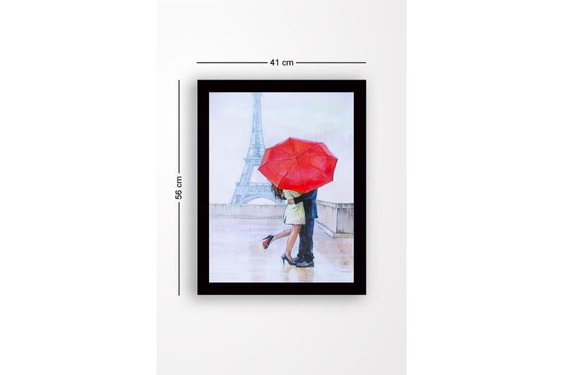 Kehystetty puinen canvas-taulu - 41x56 cm - Romanttinen suudelma punaisen sateenvarjon alla Pariisissa - Punainen / Beige / Sininen - Sisustustuotteet - Taulu & taide