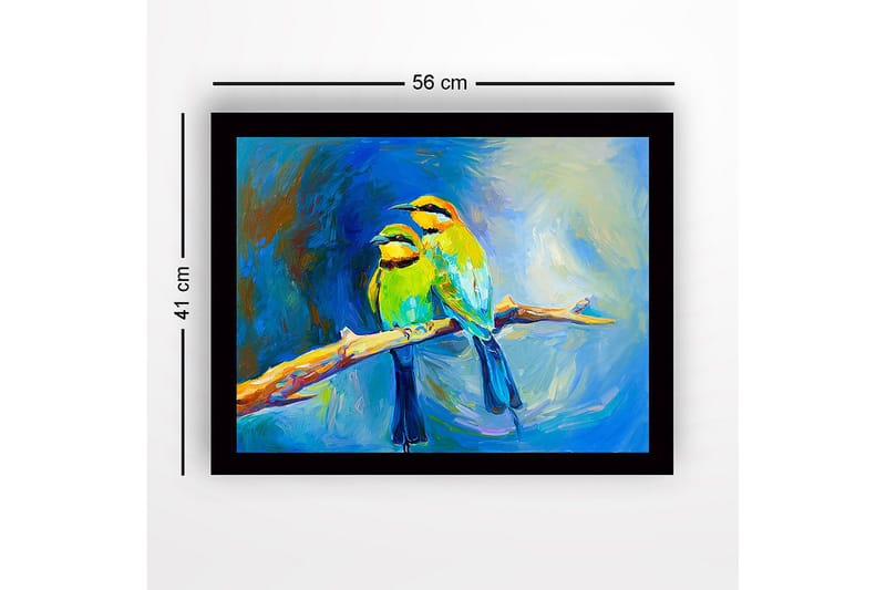 Kehystetty puucanvas - 41x56 cm - Kaksi värikästä lintua oksalla - Vihreä / Sininen / Keltainen - Sisustustuotteet - Taulu & taide