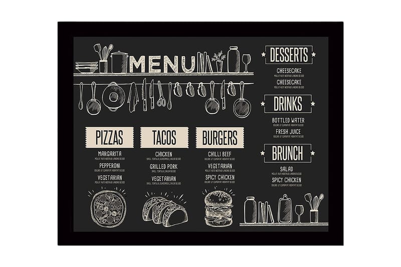 Kehystetty puukangas - 41x56 cm - Ruokalista luonnosmaisella tyylillä, Musta / Beige