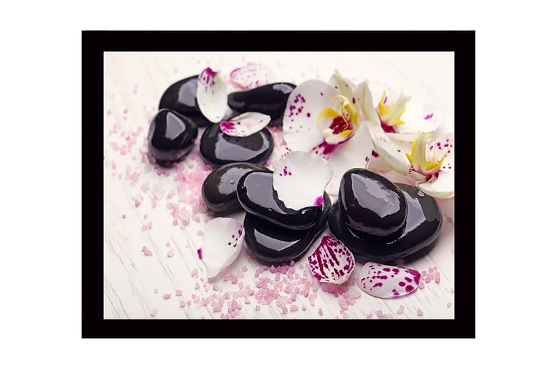 Kehystetty puutaulu canvasille - 41x56 cm - Mustia kiviä ympäröi valkoisia ja violetteja orkideanlehtiä, Musta / Valkoinen / Violetti
