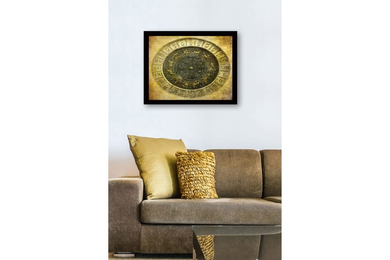 Kehystetty puutaulu canvasille - 41x56 cm - Astrologinen kartta horoskooppimerkeillä ja tähdillä - Kulta / Musta / Harmaa - Sisustustuotteet - Taulu & taide