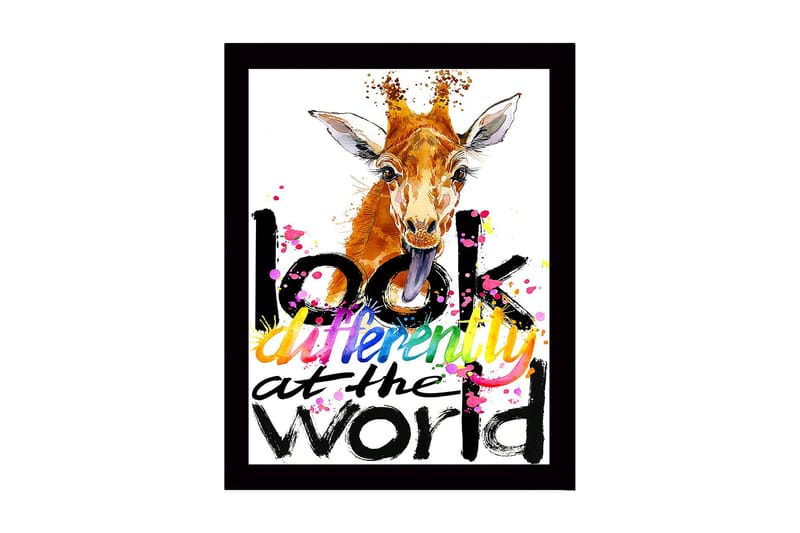 Kehystetty puutaulu canvasille - 41x56 cm - Kirahvi ulkonevalla kielellä ja värikkäällä tekstillä, Oranssi / Musta / Vaaleanpunainen