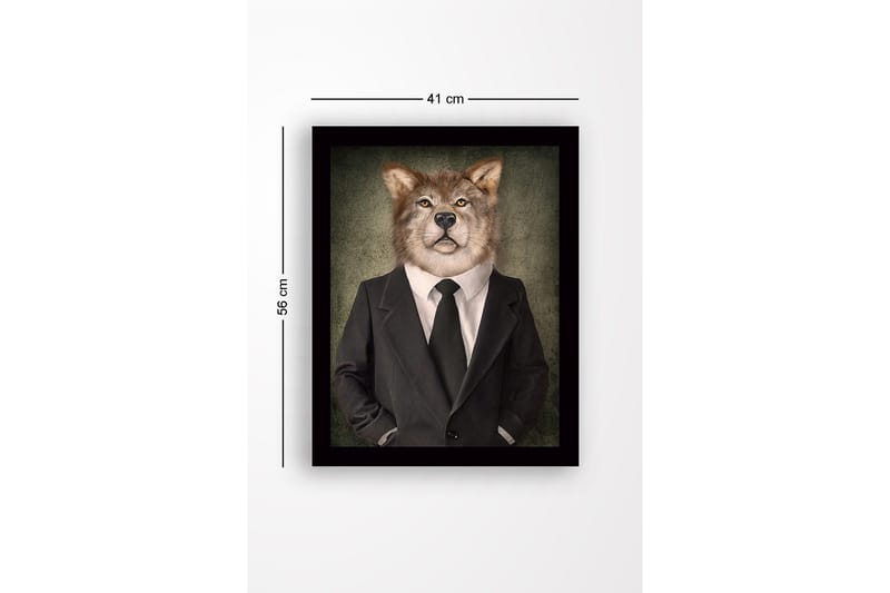 Kehystetty puutaulu canvasille - 41x56 cm - Ihmispiirteiset susi puvussa ja solmiossa - Harmaa / Musta / Beige - Sisustustuotteet - Taulu & taide