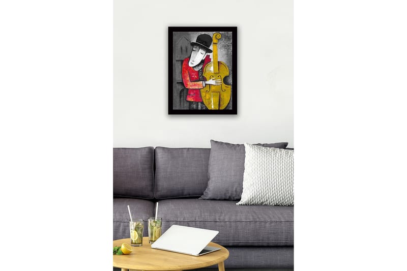 Kehystetty puinen canvas-taulu - 41x56 cm - Muusikko syleilee kontrabassoa - Keltainen / Punainen / Harmaa - Sisustustuotteet - Taulu & taide
