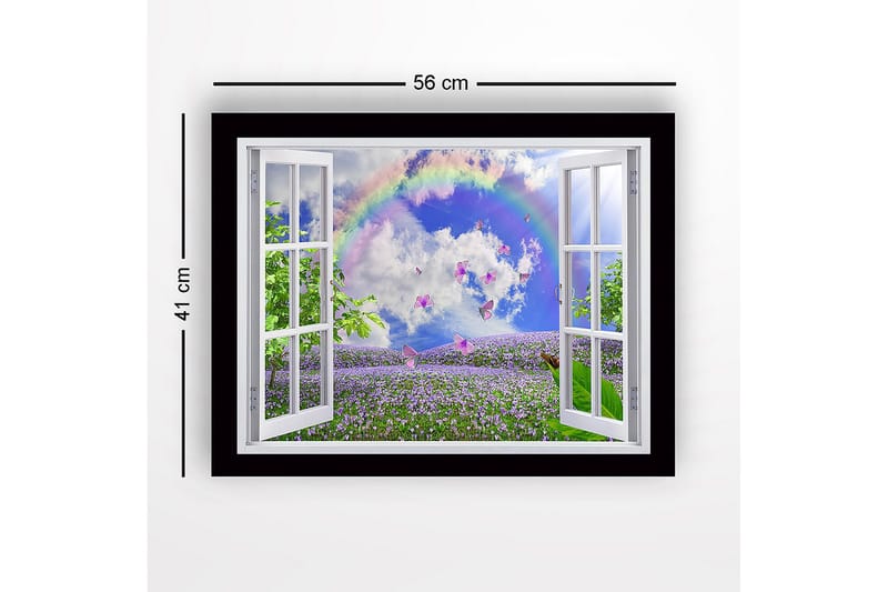 Kehystetty puinen canvas-taulu - 41x56 cm - Ikkunanäkymä kukkivasta niitystä perhosten ja sateenkaaren ympäröimänä - Violetti / Vihreä / Sininen - Sisustustuotteet - Taulu & taide