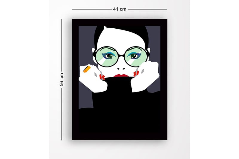 Kehystetty puinen canvas-taulu - 41x56 cm - Muotokuva naisesta, jolla on suuret silmälasit ja punainen huulipuna - Musta / Valkoinen / Vihreä - Sisustustuotteet - Taulu & taide