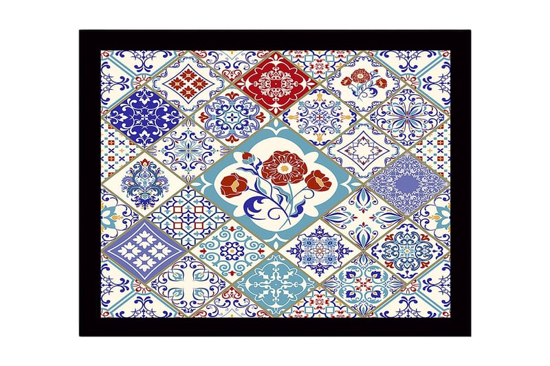 Kehystetty puupohjainen canvas - 41x56 cm - Kuviollinen laattasommitelma kukka-aiheilla ja geometrisilla muodoilla, Sininen / Punainen / Valkoinen