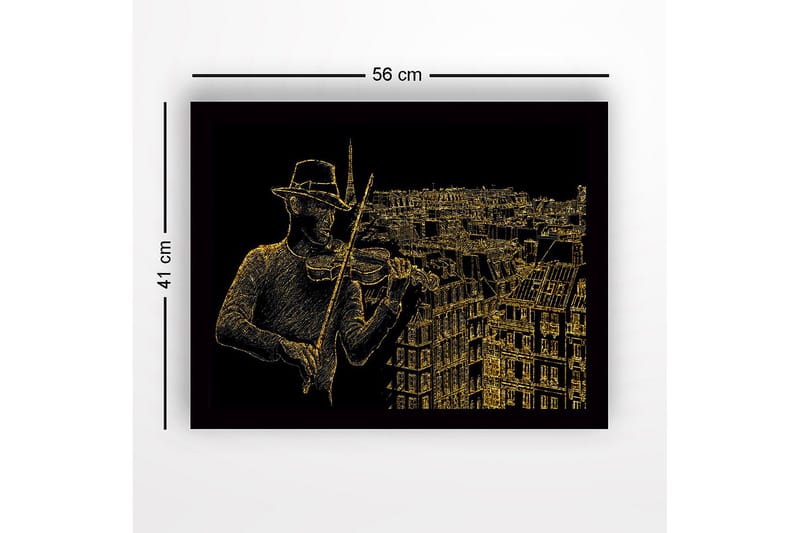 Kehystetty puutaulu canvasille - 41x56 cm - Muusikko soittaa viulua kaupungin siluetin taustalla - Kulta / Musta - Sisustustuotteet - Taulu & taide