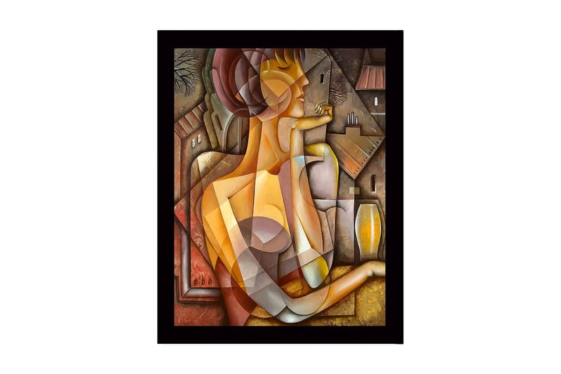 Kehystetty puucanvas - 41x56 cm - Abstrakti muotokuva naisesta geometrisilla muodoilla, Kulta / Ruskea / Beige