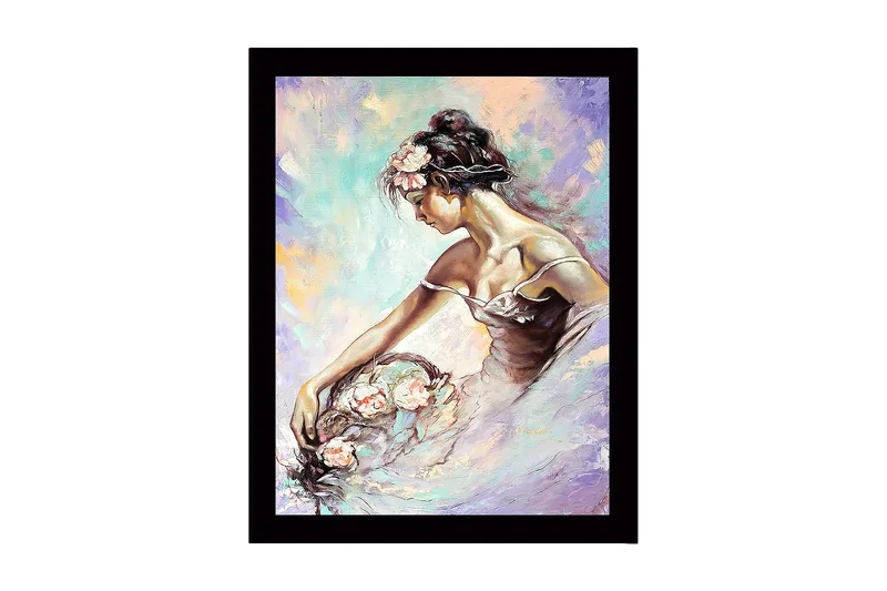Kehystetty puutaulu canvasille - 41x56 cm - Elegantti nainen romanttisessa asennossa kukkien kanssa, Vaaleanpunainen / Vaaleansininen / Laventeli