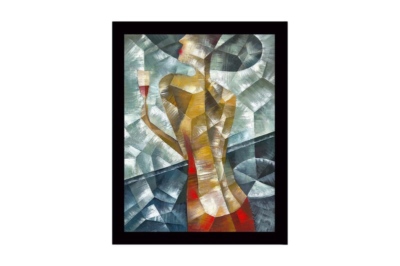 Kehystetty puutaulu canvasille - 41x56 cm - Tyylitelty nainen lasi kädessään - Kulta / Punainen / Vihreä-sininen - Sisustustuotteet - Taulu & taide