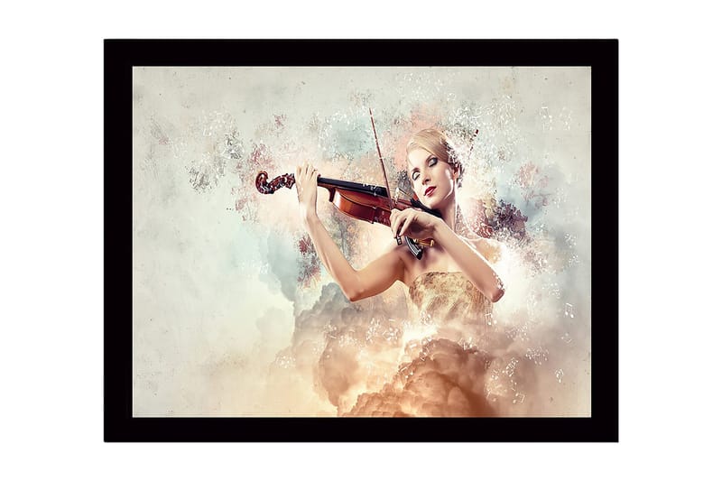 Kehystetty puinen canvas-taulu - 41x56 cm - Elegantti nainen soittaa viulua unenomaisten pilvien ympäröimänä, Vaaleanbeige / Pehmeä pinkki / Kulta