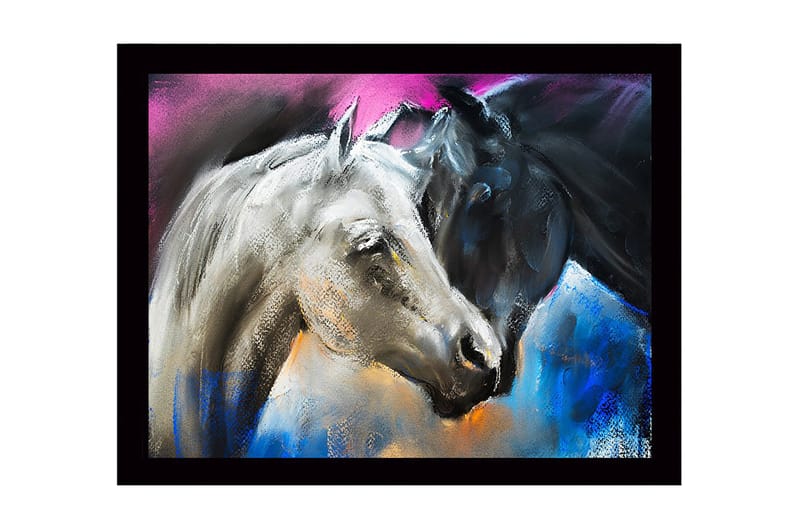 Kehystetty puutaulu canvasille - 41x56 cm - Kaksi kontrastiväristä hevosta, toinen valkoinen ja toinen musta, kohtaavat dynaamisessa sommitelmassa, Valkoinen / Musta / Sininen