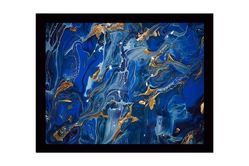 Kehystetty puukangas - 41x56 cm - Abstrakti sommitelma syvän sinisillä sävyillä ja kultaisilla yksityiskohdilla, Tummansininen / Vaaleansininen / Kulta