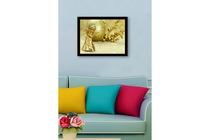 Kehystetty puukangas - 41x56 cm - Kultainen enkeli soittaa huilua - Kulta / Beige - Sisustustuotteet - Taulu & taide