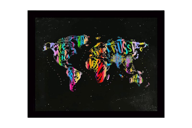 Kehystetty puukangas - 41x56 cm - Värikäs maailmankartta, luotu kirjaimista ja tekstistä, Violetti / Vihreä / Punainen