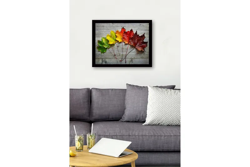 Kehystetty puutaulu canvasille - 41x56 cm - Värikkäät syksyn lehdet rivissä - Vihreä / Keltainen / Punainen - Sisustustuotteet - Taulu & taide
