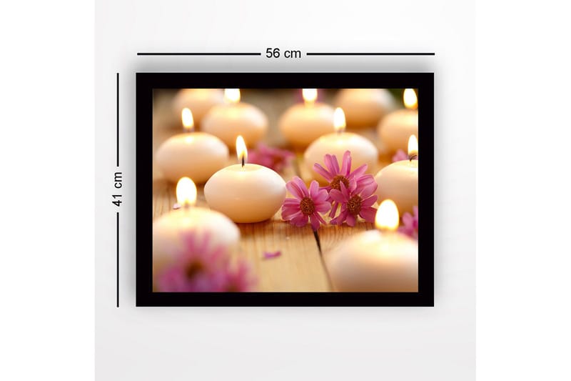 Kehystetty puutaulu canvasille - 41x56 cm - Kirkkaat tuoksukynttilät kukkien ympäröimänä - Vaaleanpunainen / Valkoinen / Beige - Sisustustuotteet - Taulu & taide