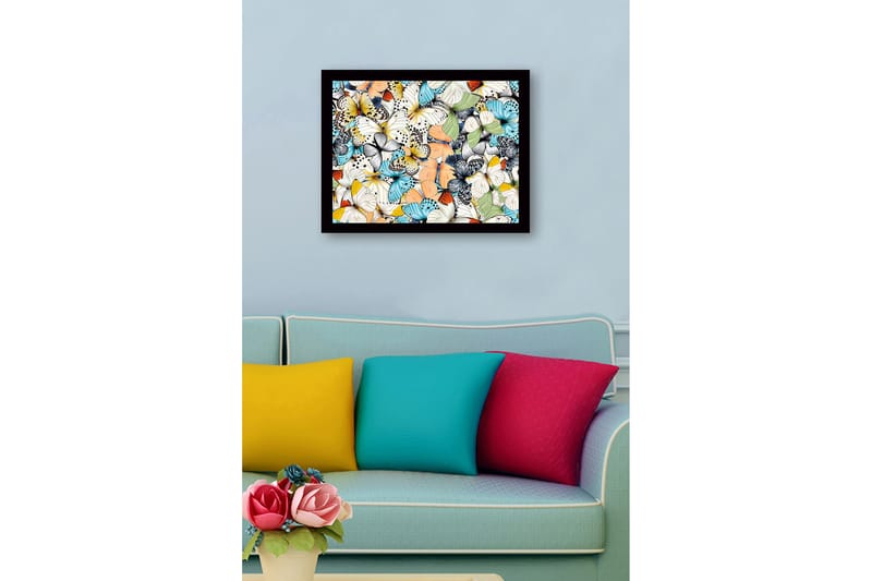 Kehystetty puukangas - 41x56 cm - Värikäs perhoskokoelma - Sininen / Valkoinen / Oranssi - Sisustustuotteet - Taulu & taide