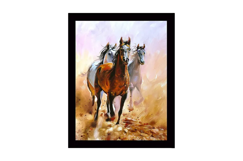 Kehystetty puutaulu canvasille - 41x56 cm - Kolme hevosta liikkumassa pölyisessä maisemassa, Ruskea / Valkoinen / Beige