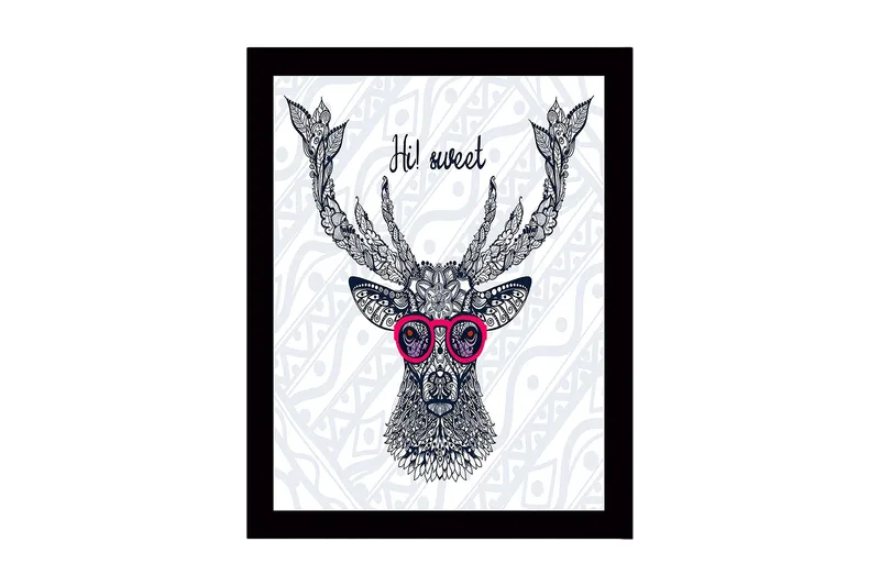 Kehystetty puutaulu canvasille - 41x56 cm - Komea peura silmälaseilla ja yksityiskohtaisella kuviolla, Tummansininen / Vaaleanpunainen / Valkoinen