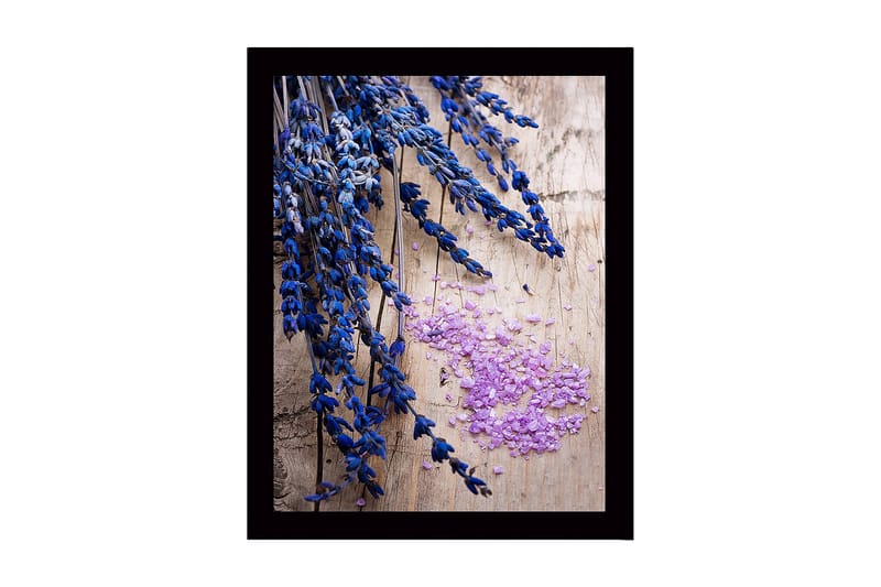 Kehystetty puutaulu canvasille - 41x56 cm - Laventelin kukat vaaleanpunaisilla suolakiteillä, Sininen / violetti