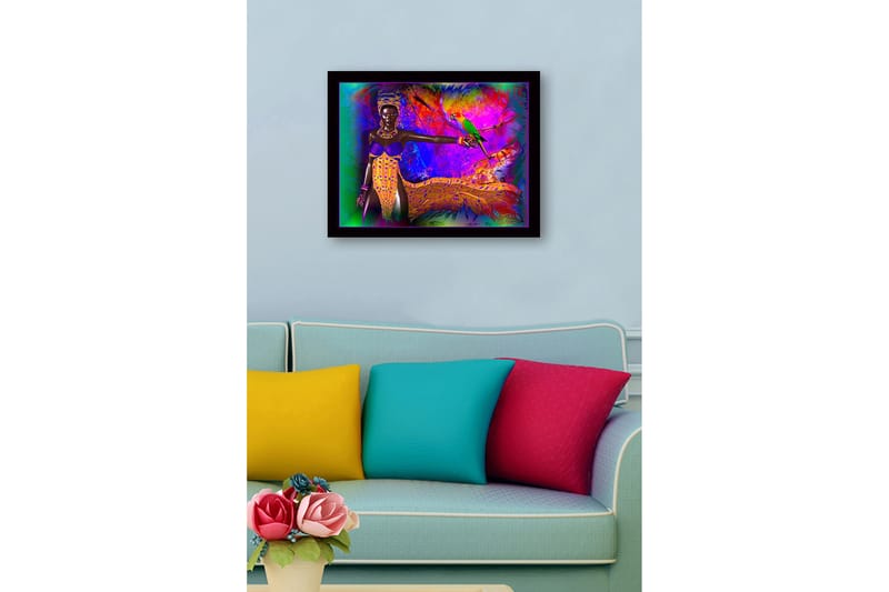 Kehystetty puucanvas - 41x56 cm - Värikäs nainen papukaijan kanssa eloisassa ympäristössä - Violetti / Keltainen / Vihreä - Sisustustuotteet - Taulu & taide