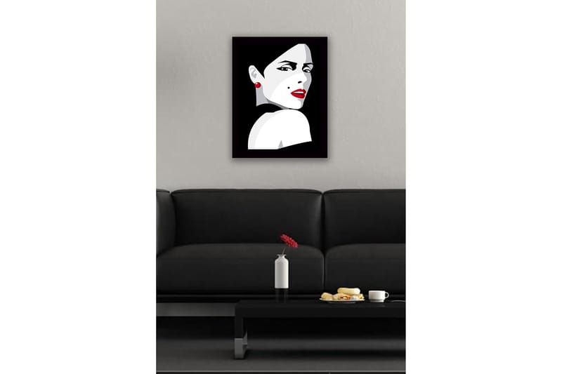 Kehystetty puucanvas - 41x56 cm - Muotokuva dramaattisesta naisesta, jolla on punainen huulipuna - Punainen / Musta / Harmaa - Sisustustuotteet - Taulu & taide