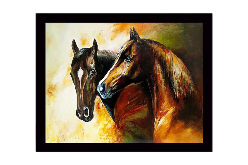 Kehystetty puinen canvas-taulu - 41x56 cm - Kaksi majesteettista hevosta seisoo lähellä toisiaan, Ruskea / Musta / Oranssi