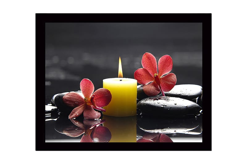 Kehystetty puupohja - 41x56 cm - Kaunis orkideasommitelma ja kynttilä mustilla kivillä, Punainen / Keltainen / Musta