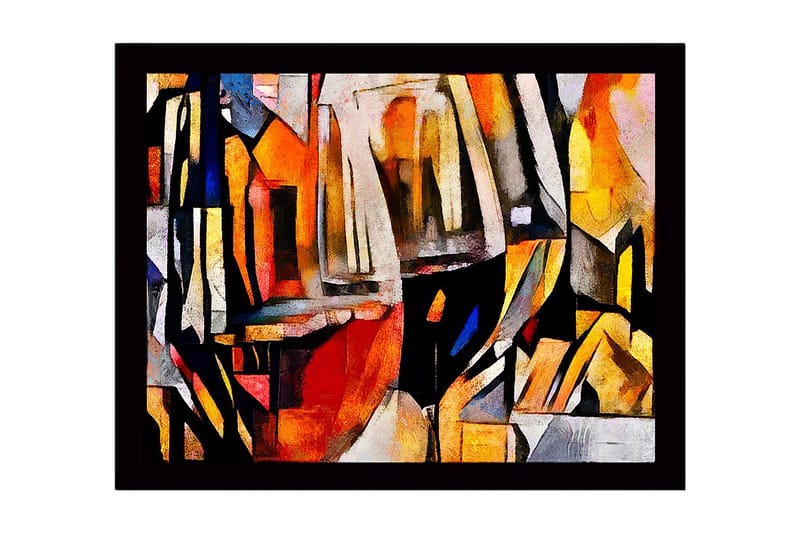 Kehystetty puukangas - 41x56 cm - Abstrakti sommitelma geometrisilla muodoilla ja värillisillä pinnoilla, Oranssi / Musta / Harmaa