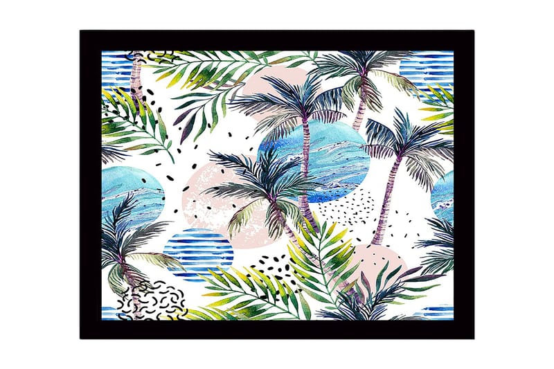 Kehystetty puutaulu canvasille - 41x56 cm - Trooppinen maisema palmuilla ja värikkäillä ympyröillä, Vihreä / Sininen / Vaaleanpunainen