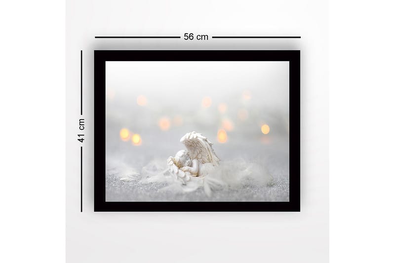 Kehystetty puutaulu canvasille - 41x56 cm - Suloinen enkeli lepää höyhenpedissä - Valkoinen / Vaaleanharmaa / Kulta - Sisustustuotteet - Taulu & taide