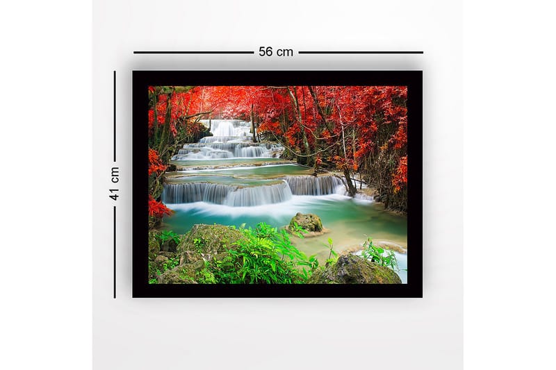 Kehystetty puutaulu canvasille - 41x56 cm - Kauniita vesiputouksia punalehtisen kasvillisuuden ympäröimänä - Punainen / Vihreä / Turkoosi - Sisustustuotteet - Taulu & taide