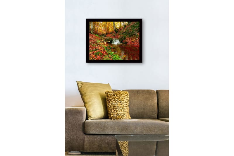 Kehystetty puutaulu canvasille - 41x56 cm - Kaunis metsä ja solina puro syksyn väreissä - Punainen / Oranssi / Vihreä - Sisustustuotteet - Taulu & taide