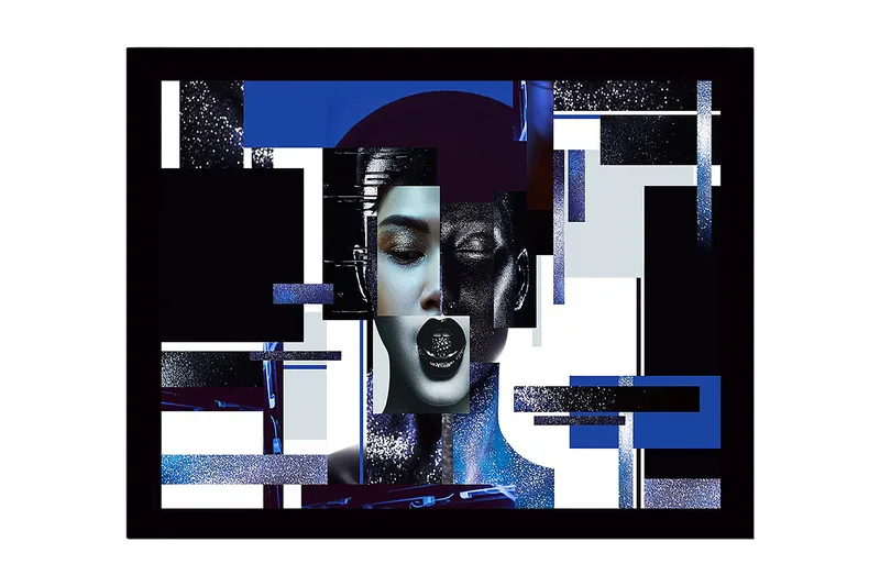 Kehystetty puucanvas - 41x56 cm - Abstrakti muotokuva naisesta geometrisilla muodoilla ja vahvoilla kontrasteilla, Tummansininen / Musta / Valkoinen