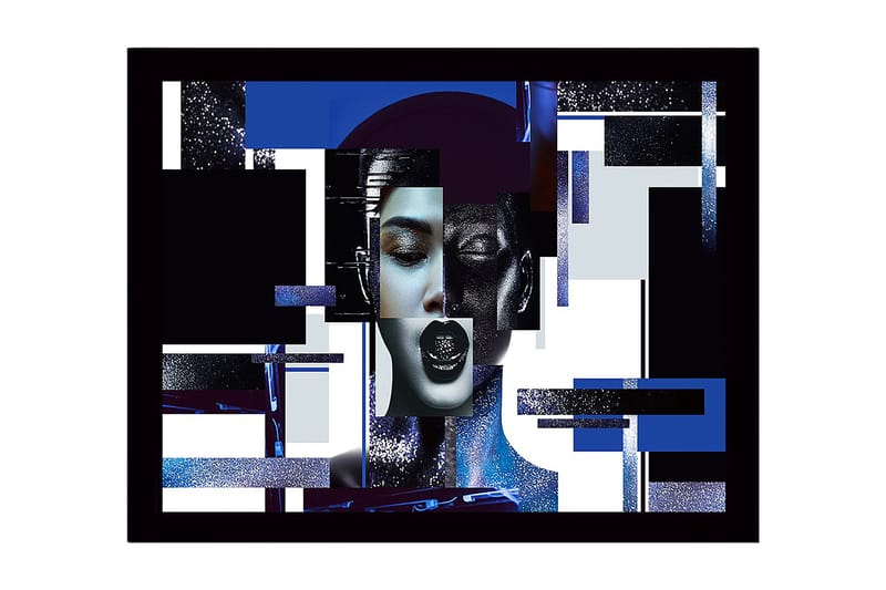 Kehystetty puucanvas - 41x56 cm - Abstrakti muotokuva naisesta geometrisilla muodoilla ja vahvoilla kontrasteilla, Tummansininen / Musta / Valkoinen