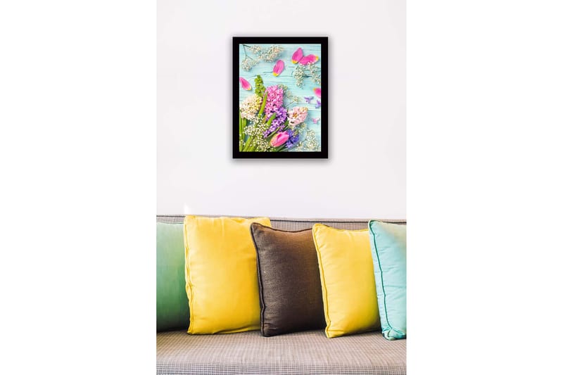 Kehystetty puutaulu canvasille - 41x56 cm - Värikäs kukkakimppu tulppaaneilla ja hyasinteilla - Vaaleanpunainen / Violetti / Valkoinen - Sisustustuotteet - Taulu & taide