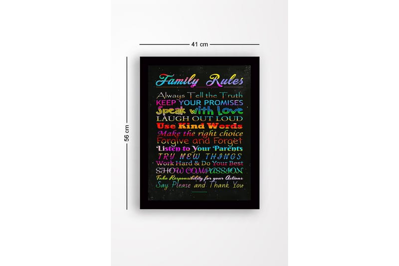 Kehystetty puutaulu canvasille - 41x56 cm - Värikäs maalaus perhesäännöillä eri fonteilla - Punainen / Sininen / Vihreä - Sisustustuotteet - Taulu & taide