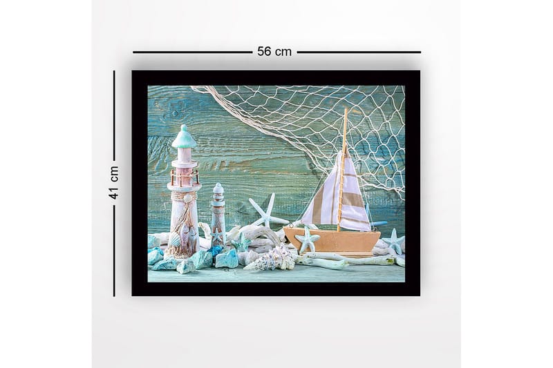 Kehystetty puukangas - 41x56 cm - Merimaisema purjeveneellä ja majakoilla - Turkoosi / Valkoinen / Beige - Sisustustuotteet - Taulu & taide