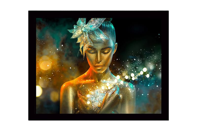 Kehystetty puutaulu canvasille - 41x56 cm - Säihkyvä nainen kultaisella iholla ja kukka hiuksissaan, Kulta / Turkoosi / Oranssi