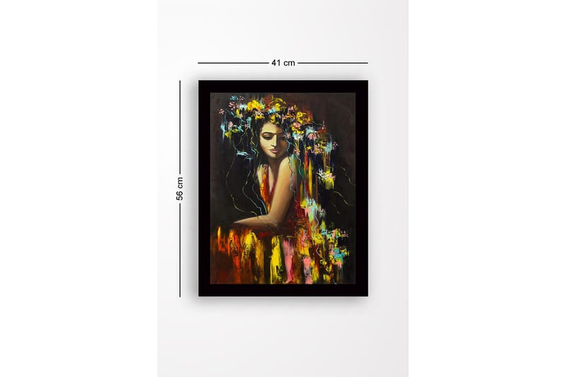 Kehystetty puucanvas - 41x56 cm - Muotokuva naisesta, jolla on kukkia hiuksissaan - Keltainen / Punainen / Vihreä - Sisustustuotteet - Taulu & taide
