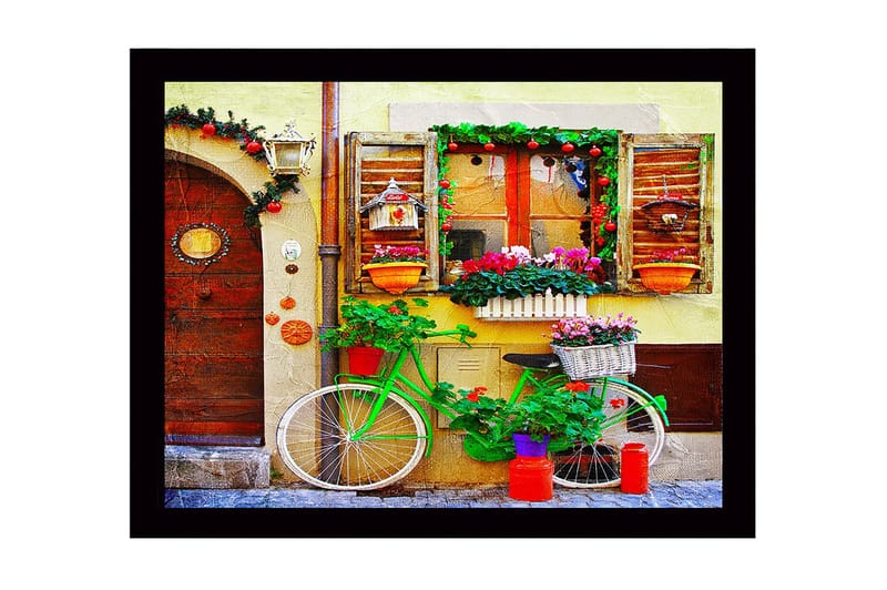 Kehystetty puutaulu canvasille - 41x56 cm - Värikäs polkupyörä kukilla ja koristeilla viehättävällä ovella, Vihreä / Punainen / Vaaleanpunainen
