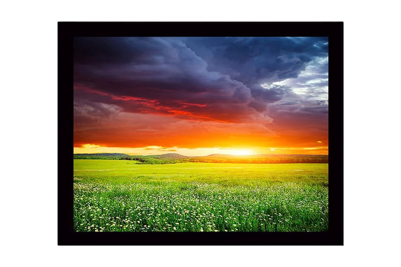 Kehystetty puutaulu canvasille - 41x56 cm - Upea auringonlasku vihreän niityn yllä, Oranssi / Vihreä / Sininen