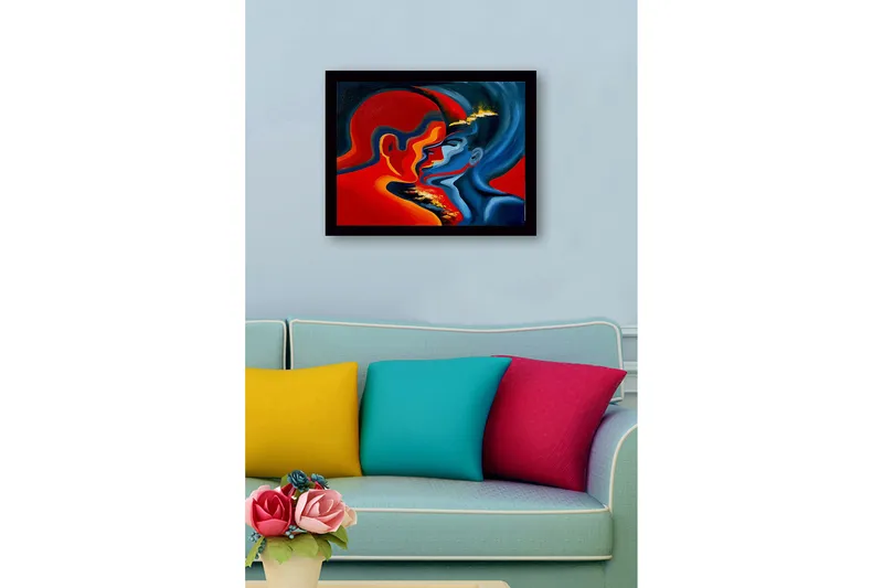 Kehystetty puutaulu - 41x56 cm - Kahden kasvon intohimoinen kohtaaminen intensiivisissä väreissä - Punainen / Sininen / Oranssi - Sisustustuotteet - Taulu & taide