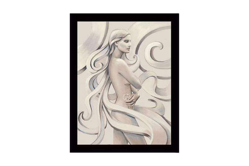 Kehystetty puutaulu canvasille - 41x56 cm - Aistillinen nainen hulmuavilla hiuksilla ja ruusu kädessään, Vaaleanbeige / Harmaa / Valkoinen