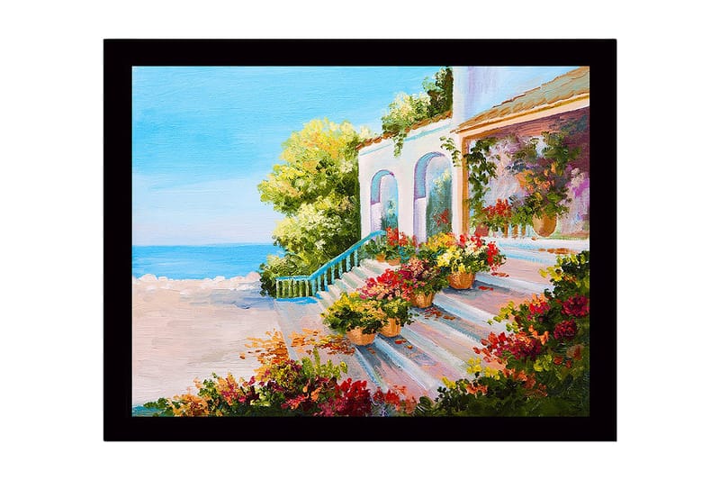 Kehystetty puutaulu canvasille - 41x56 cm - Kaunis portaikko kukkaruukuilla aurinkoisessa rannikkoympäristössä, Vihreä / Vaaleanpunainen / Sininen