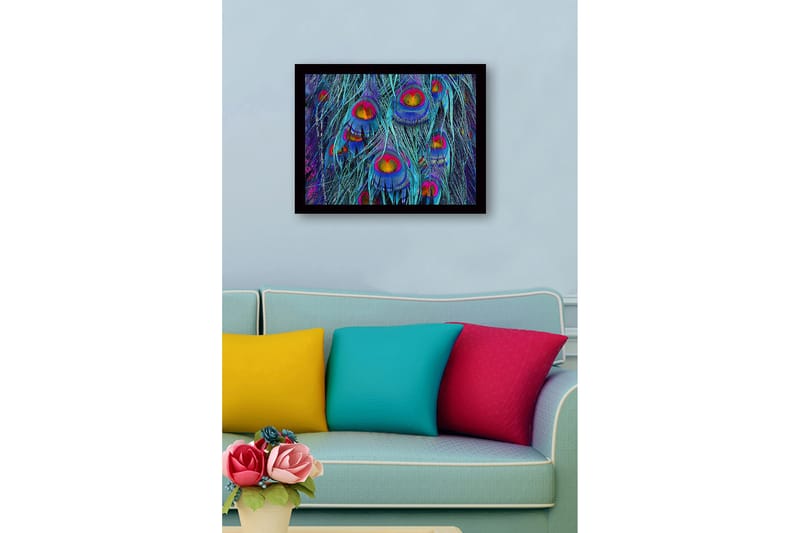 Kehystetty puukangas - 41x56 cm - Värikkäät riikinkukon höyhenet abstraktissa sommitelmassa - Turkoosi / Violetti / Kulta - Sisustustuotteet - Taulu & taide